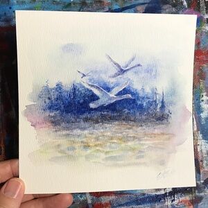 Original Swan Painting Watercolor Art Bird Landscape Small Artwork cottage core